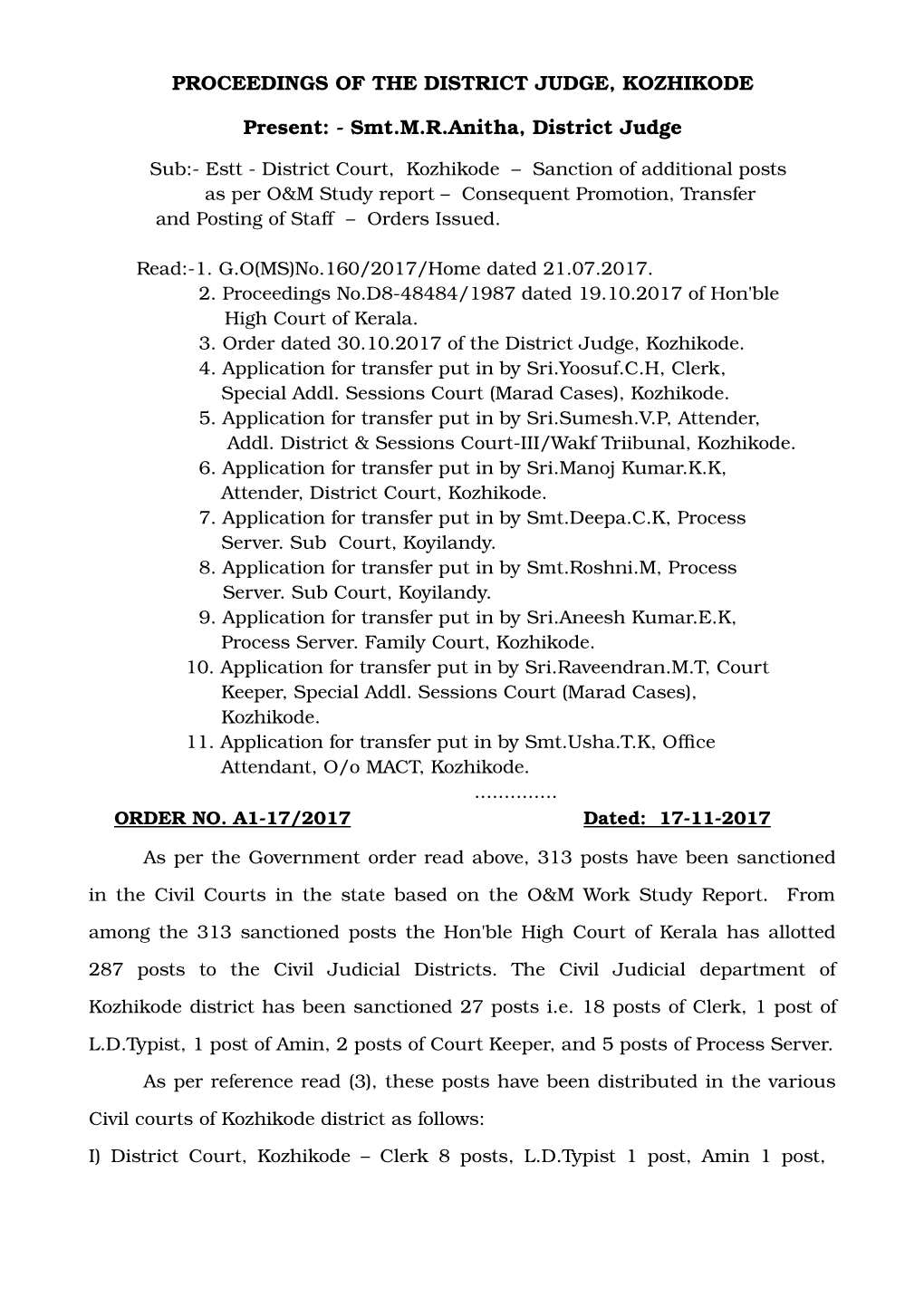 PROCEEDINGS of the DISTRICT JUDGE, KOZHIKODE Present