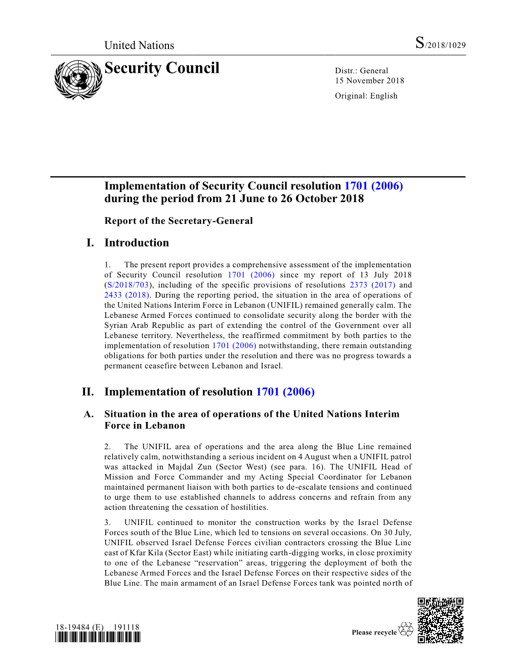 Security Council Distr.: General 15 November 2018