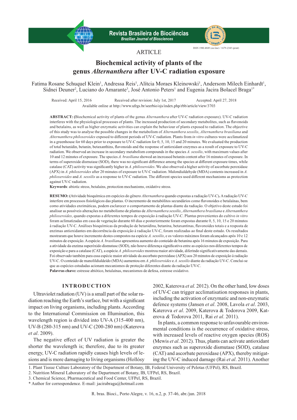 Biochemical Activity of Plants of the Genus Alternanthera After UV-C Radiation Exposure