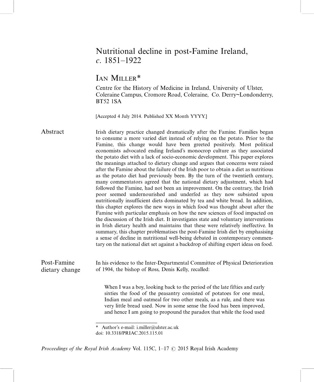 Nutritional Decline in Post-Famine Ireland, C. 1851Б1922 IAN MILLER