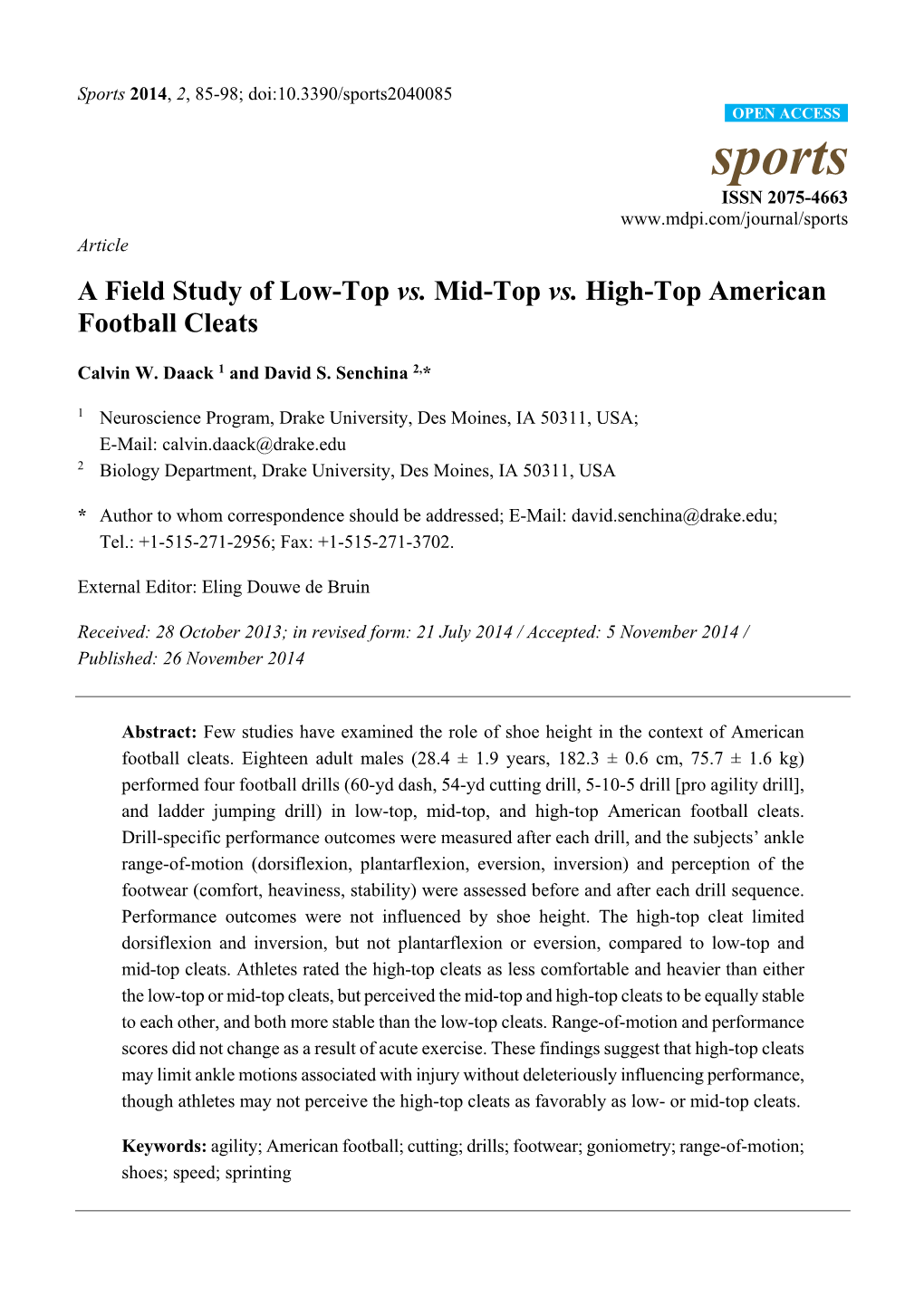 A Field Study of Low-Top Vs. Mid-Top Vs. High-Top American Football Cleats