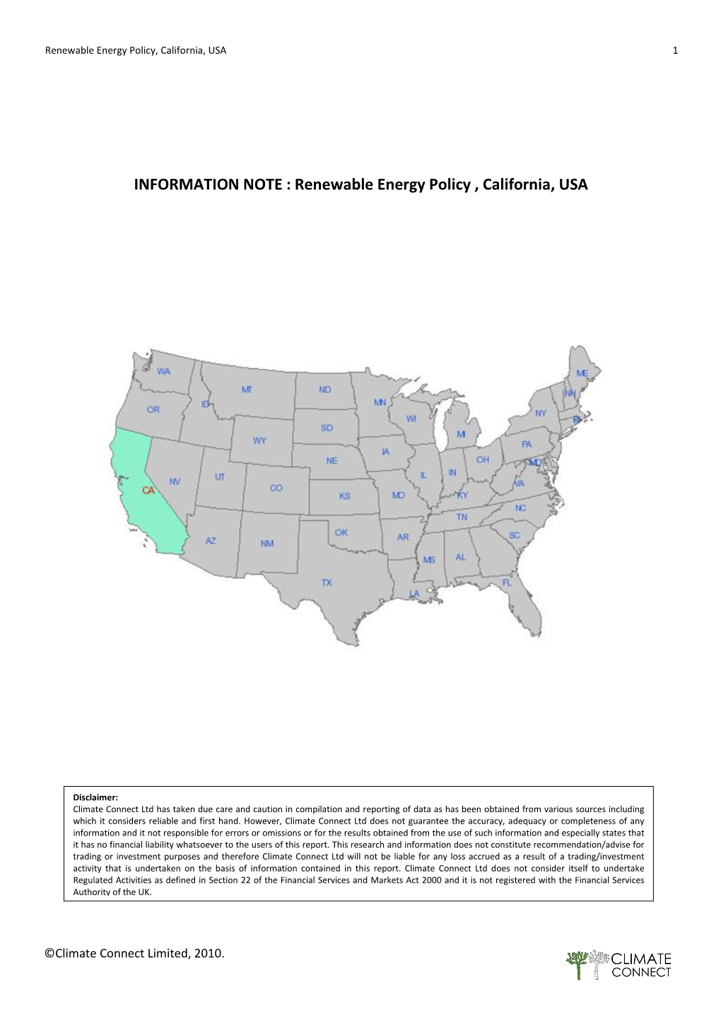 Renewable Energy Policy , California, USA