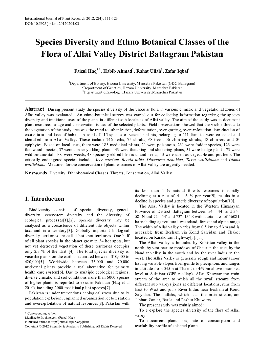 Species Diversity and Ethno Botanical Classes of the Flora of Allai Valley District Battagram Pakistan