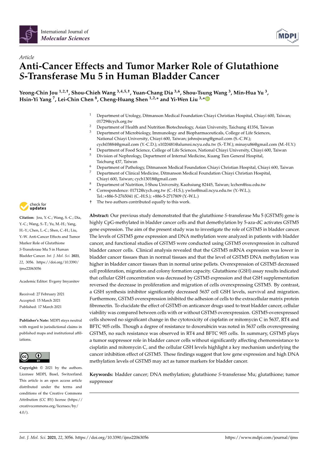 Anti-Cancer Effects and Tumor Marker Role of Glutathione S-Transferase Mu 5 in Human Bladder Cancer
