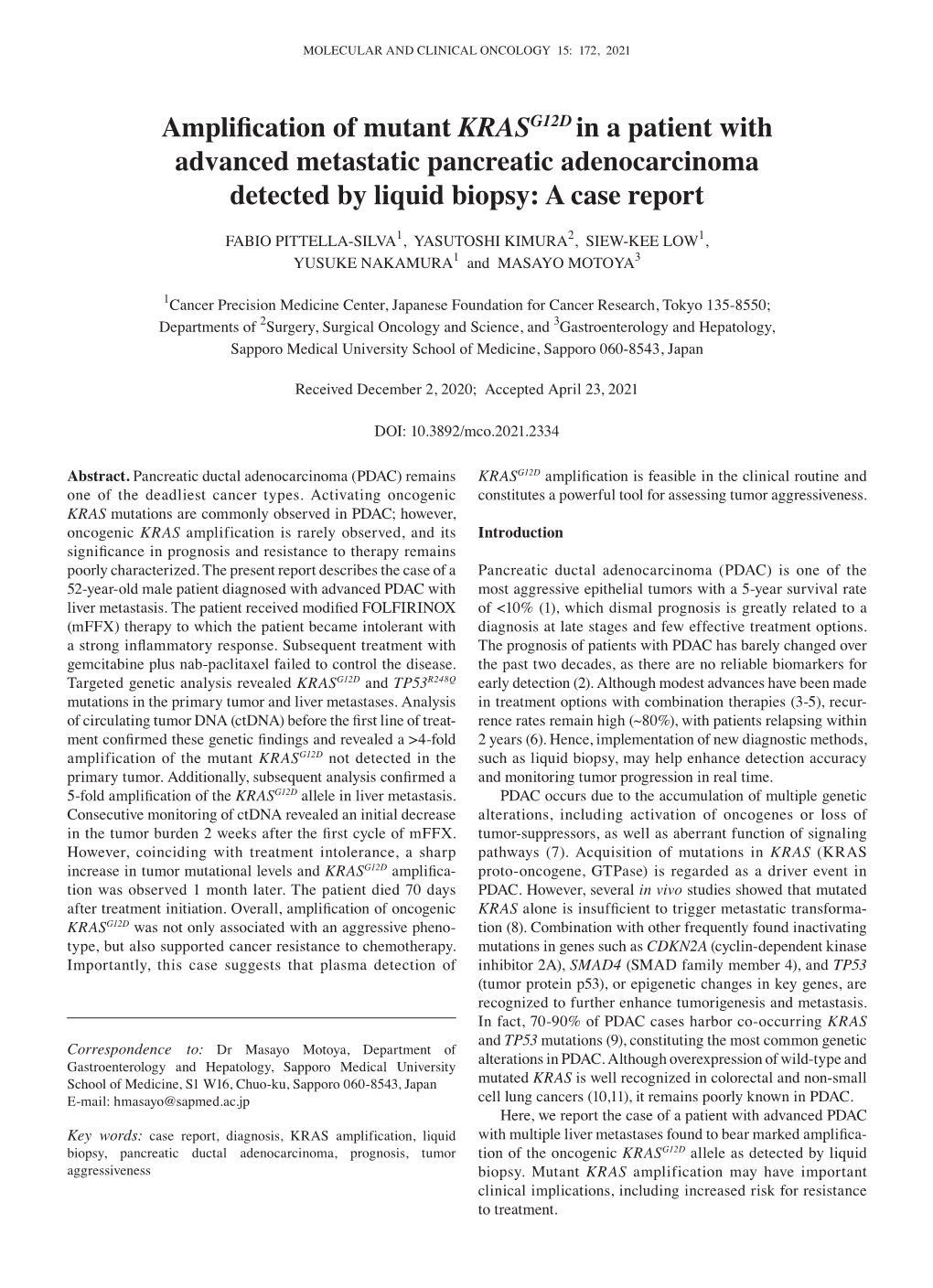 Amplification of Mutant KRASG12D in a Patient with Advanced Metastatic Pancreatic Adenocarcinoma Detected by Liquid Biopsy: a Case Report