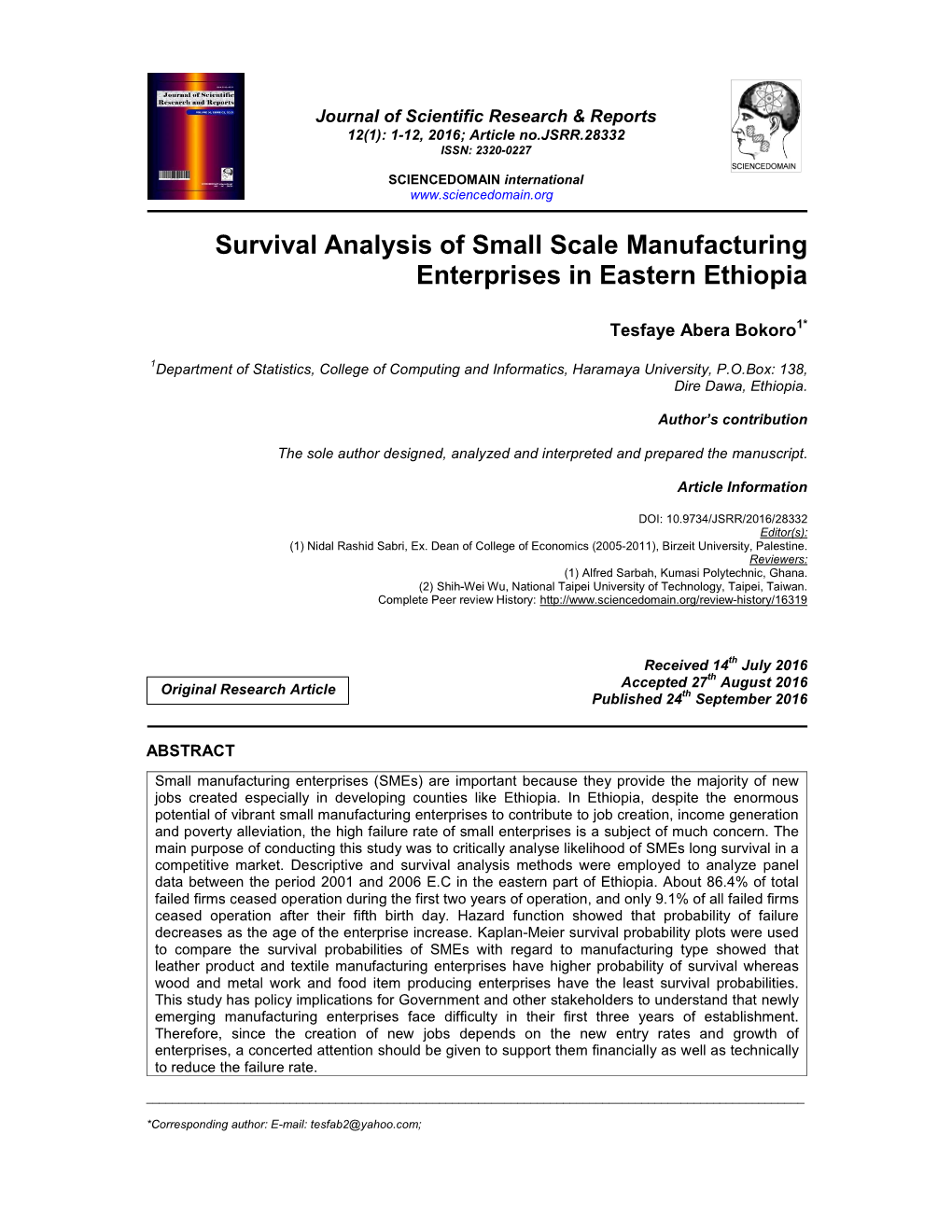 Survival Analysis of Small Scale Manufacturing Enterprises in Eastern Ethiopia