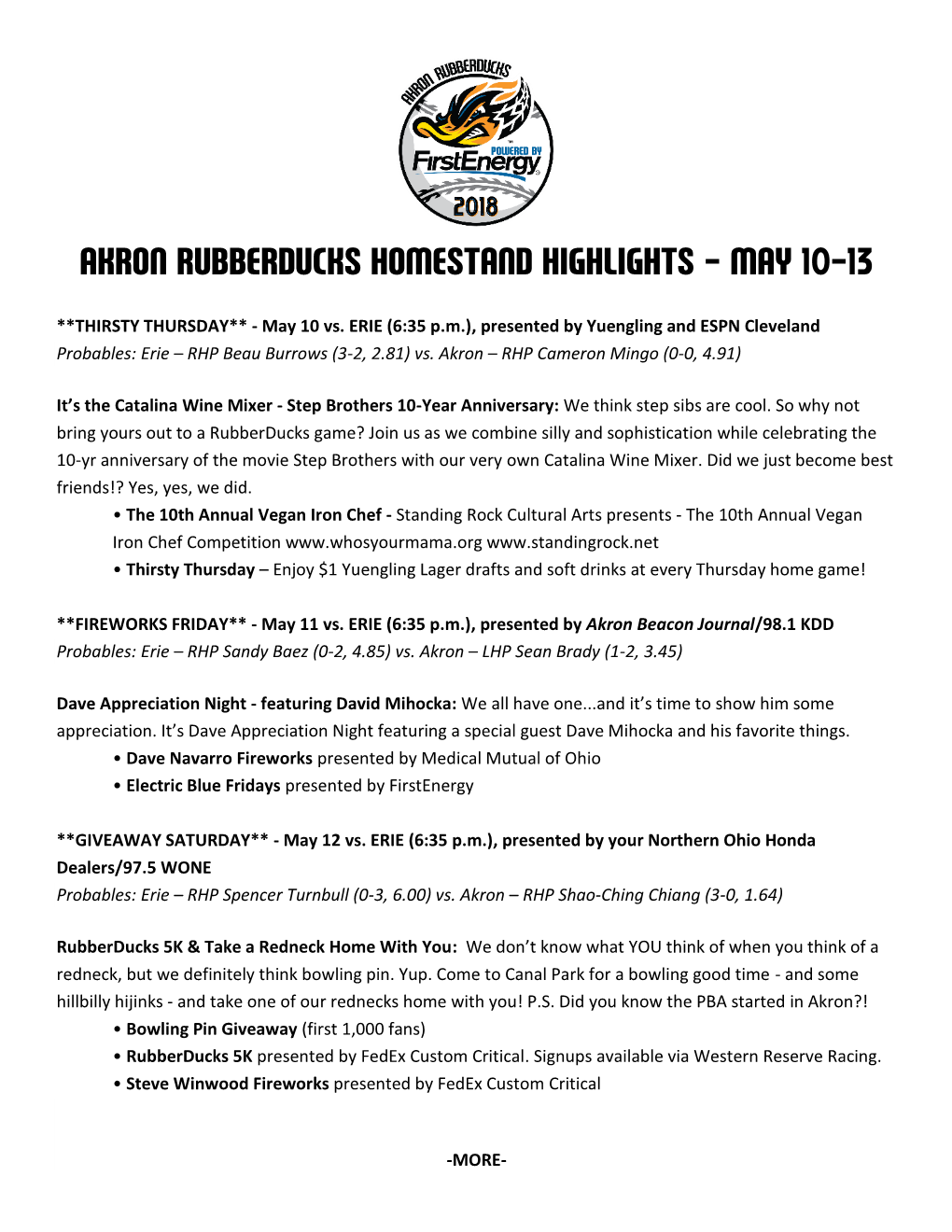Akron Rubberducks Homestand Highlights – May 10-13