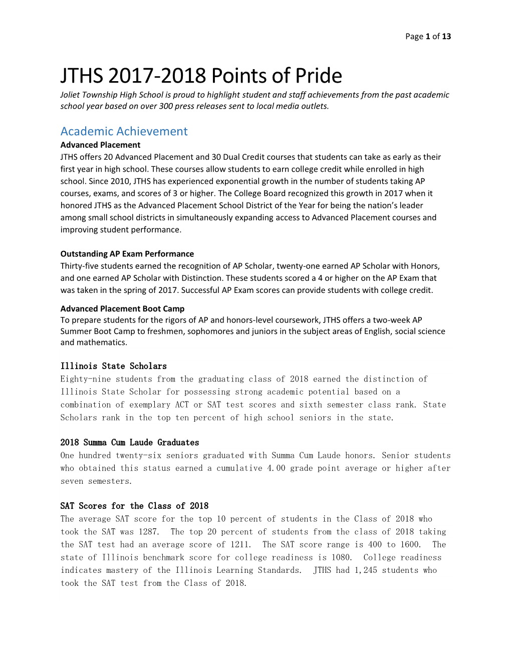 JTHS 2017-2018 Points of Pride