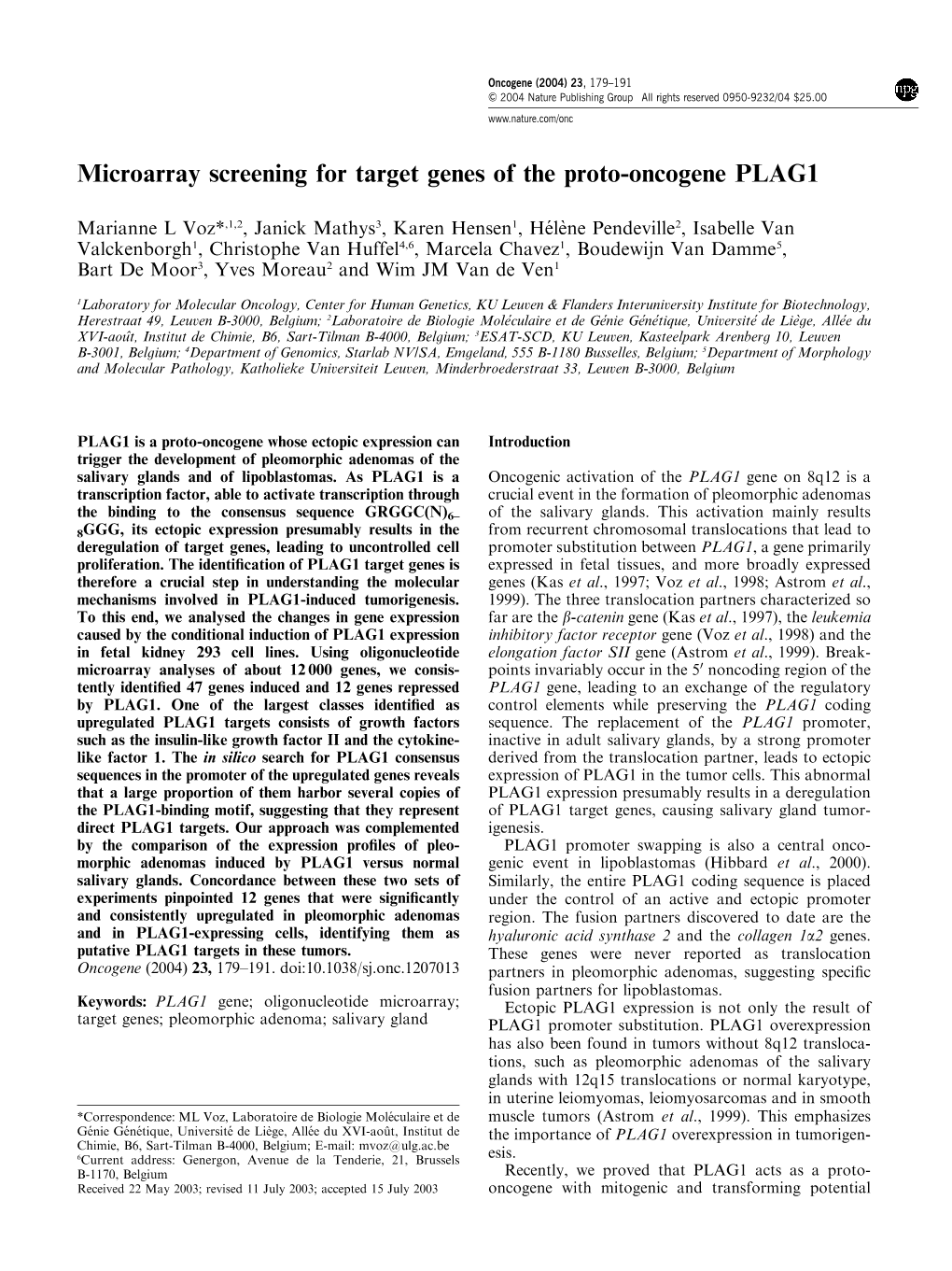 Microarray Screening for Target Genes of the Proto-Oncogene PLAG1