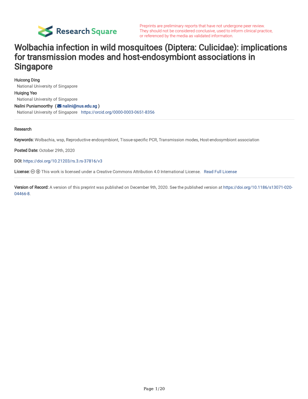 Wolbachia Infection in Wild Mosquitoes (Diptera: Culicidae): Implications for Transmission Modes and Host-Endosymbiont Associations in Singapore