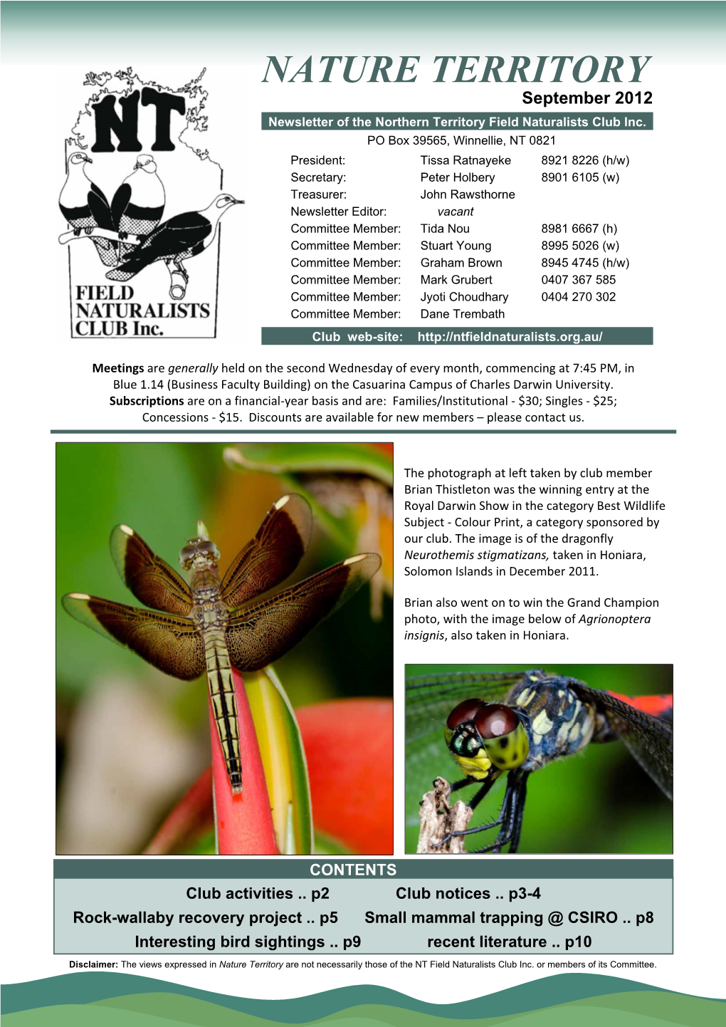 NATURE TERRITORY September 2012 Newsletter of the Northern Territory Field Naturalists Club Inc