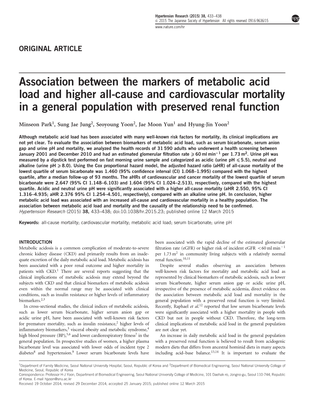 Association Between the Markers of Metabolic Acid Load and Higher All-Cause and Cardiovascular Mortality in a General Population with Preserved Renal Function