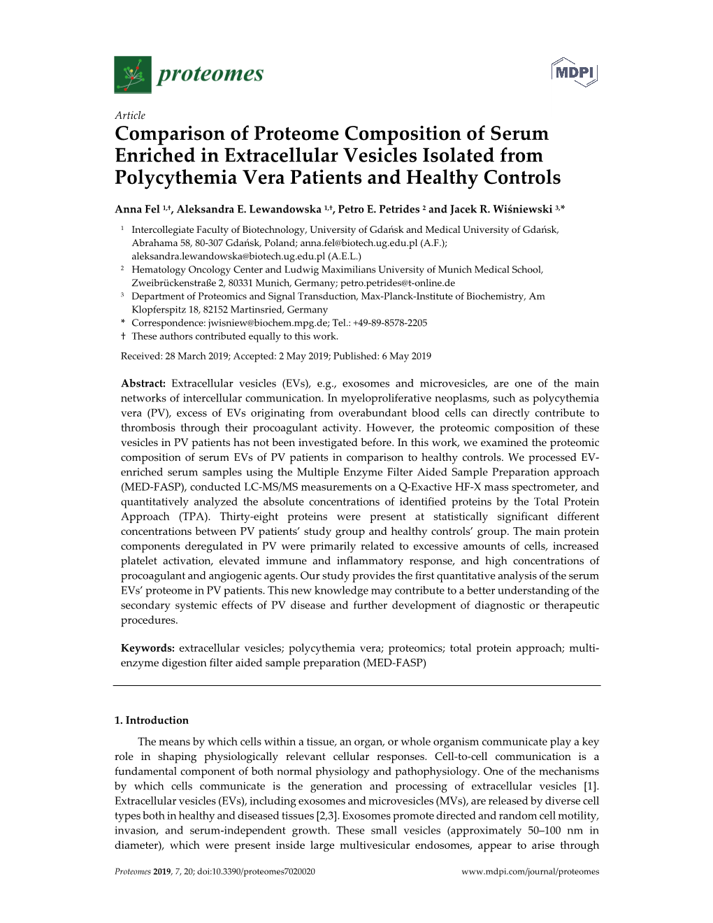 Comparison of Proteome Composition of Serum Enriched in Extracellular Vesicles Isolated from Polycythemia Vera Patients and Healthy Controls