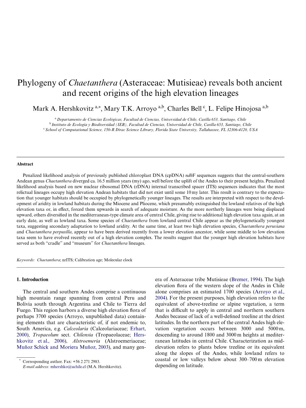 Phylogeny of Chaetanthera (Asteraceae: Mutisieae) Reveals Both Ancient and Recent Origins of the High Elevation Lineages