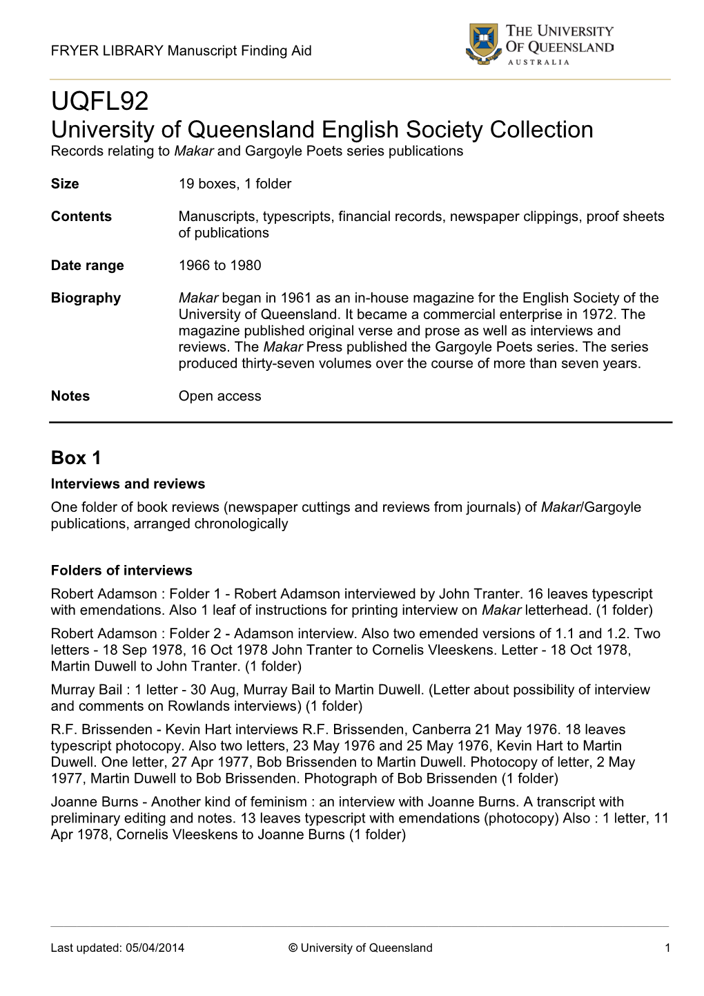 UQFL92 University of Queensland English Society Collection Records Relating to Makar and Gargoyle Poets Series Publications