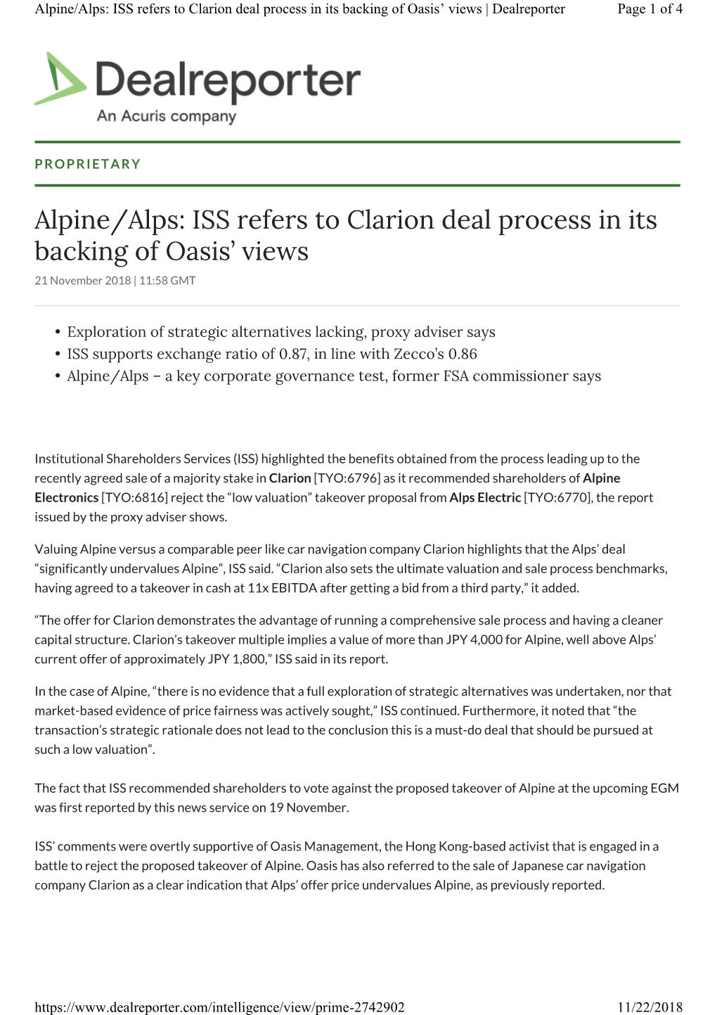 Alpine/Alps: ISS Refers to Clarion Deal Process in Its Backing of Oasis' Views