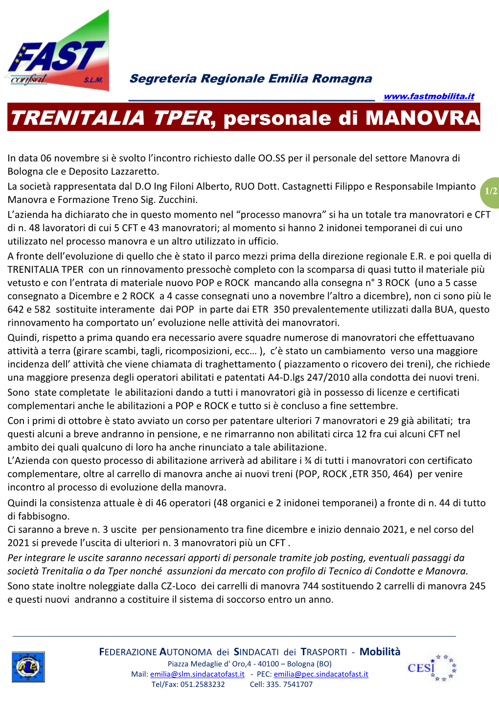 TRENITALIA TPER, Personale Di MANOVRA