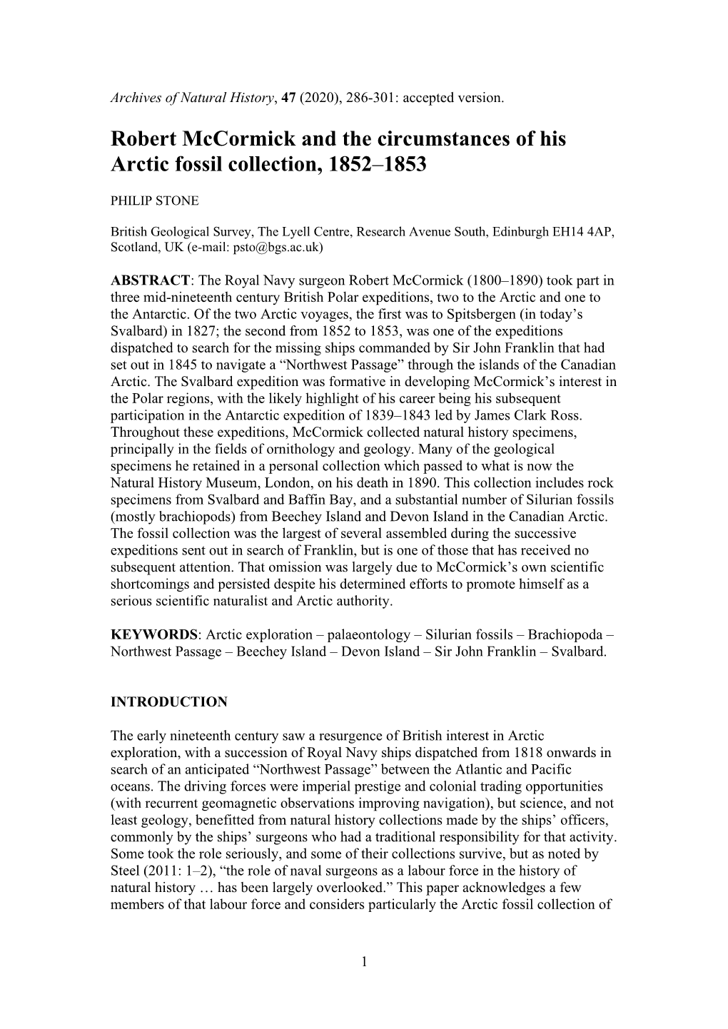 Robert Mccormick and the Circumstances of His Arctic Fossil Collection, 1852–1853