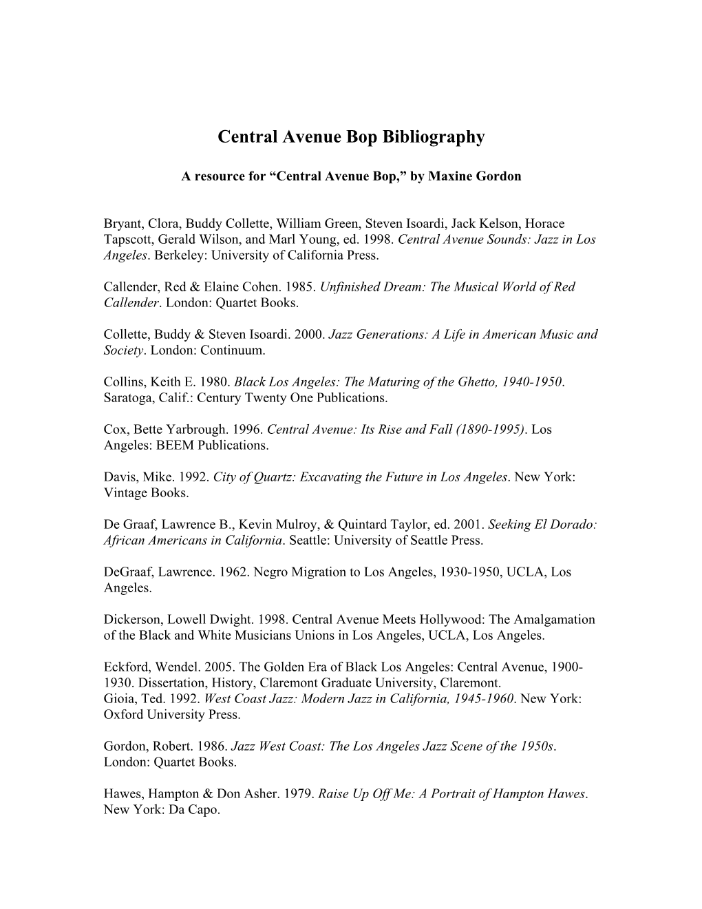 Central Avenue Bop Bibliography