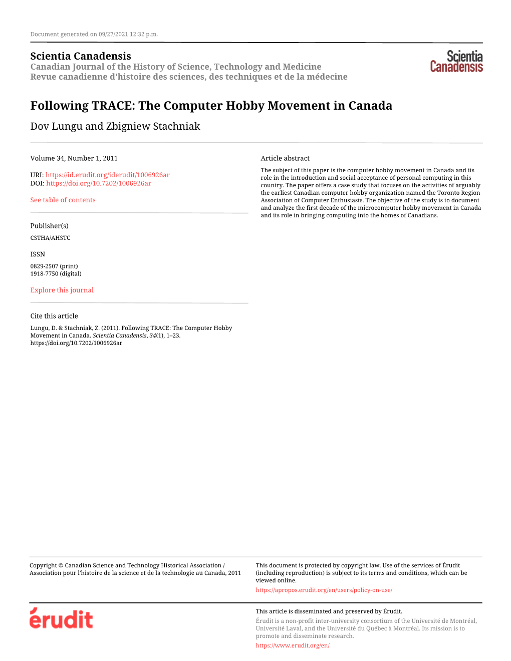 The Computer Hobby Movement in Canada Dov Lungu and Zbigniew Stachniak