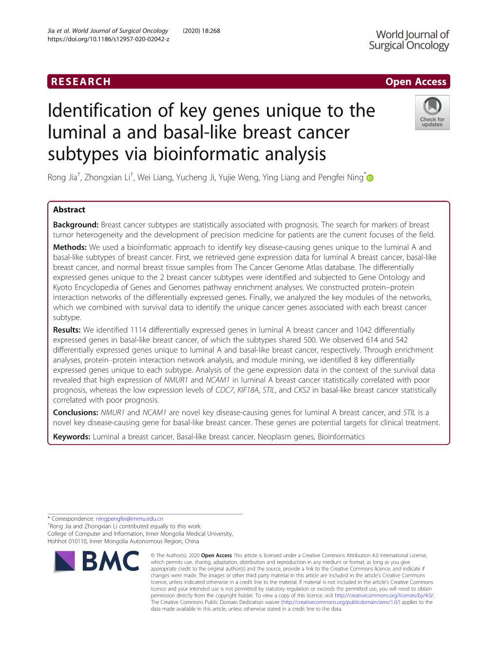 Identification of Key Genes Unique to the Luminal a and Basal-Like Breast