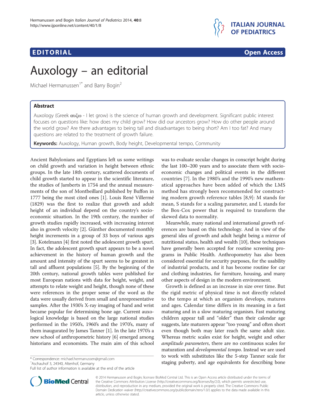 Auxology – an Editorial Michael Hermanussen1* and Barry Bogin2