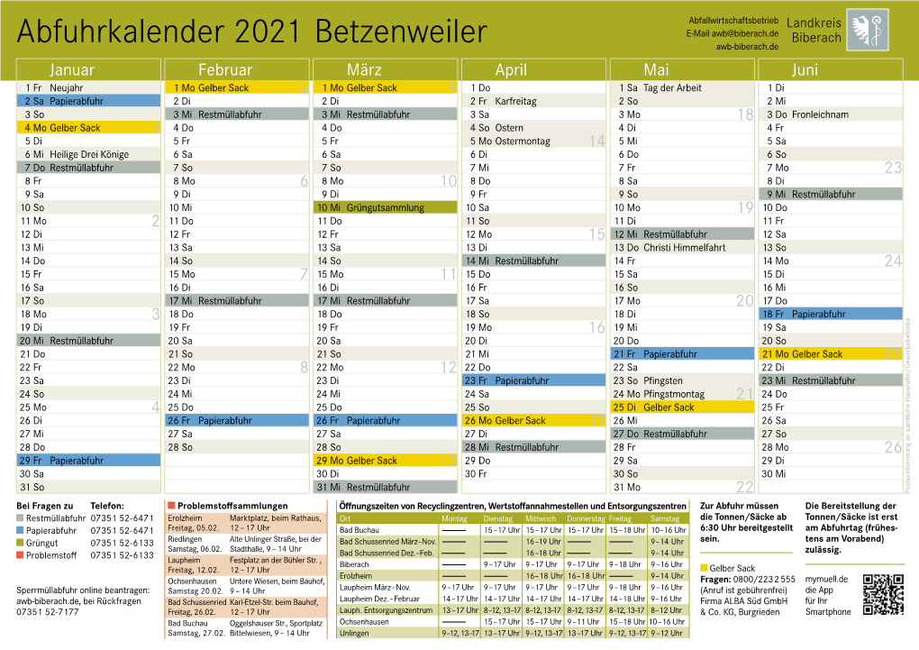 Abfuhrkalender 2021 Betzenweiler