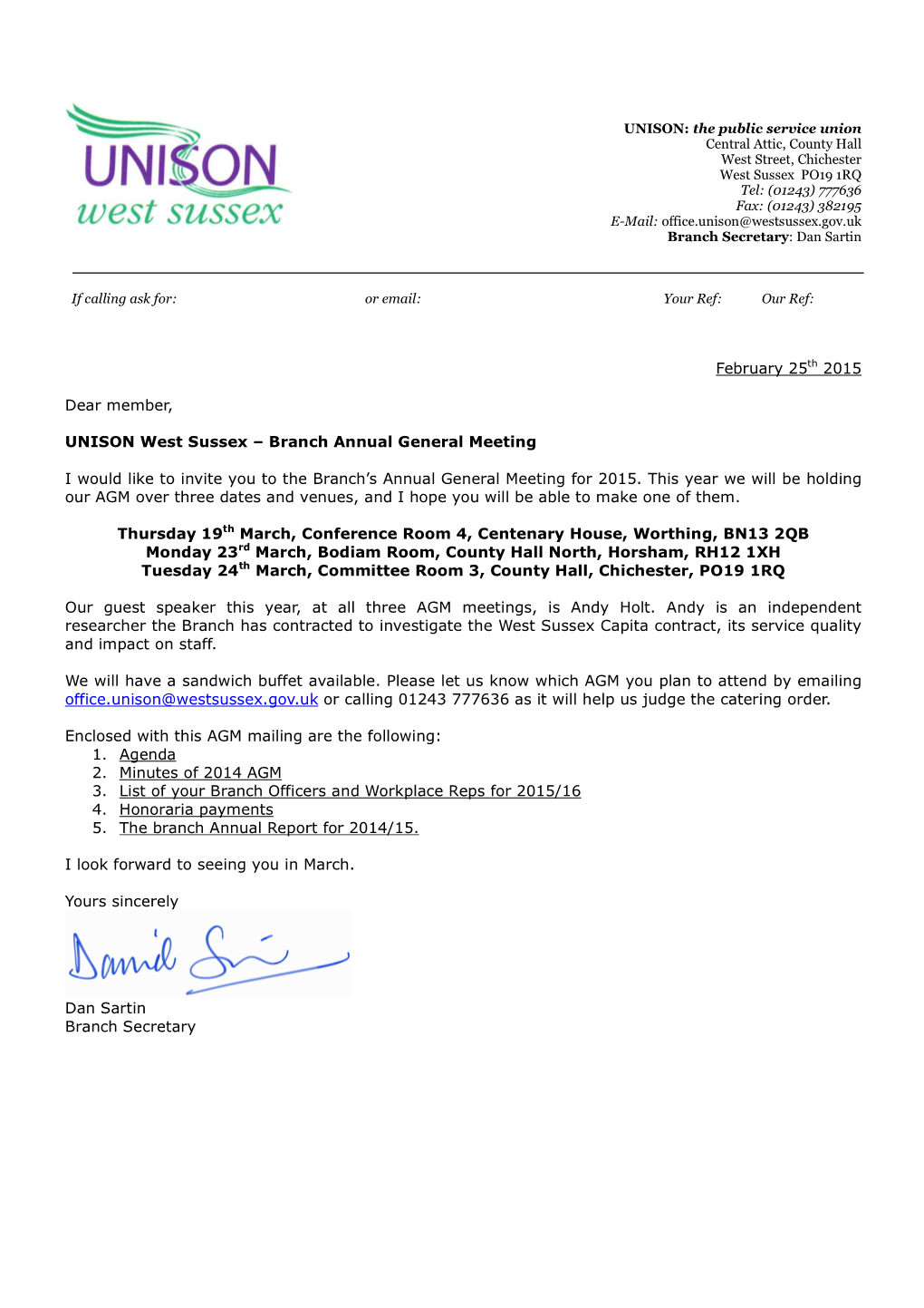February 25Th 2015 Dear Member, UNISON West Sussex – Branch