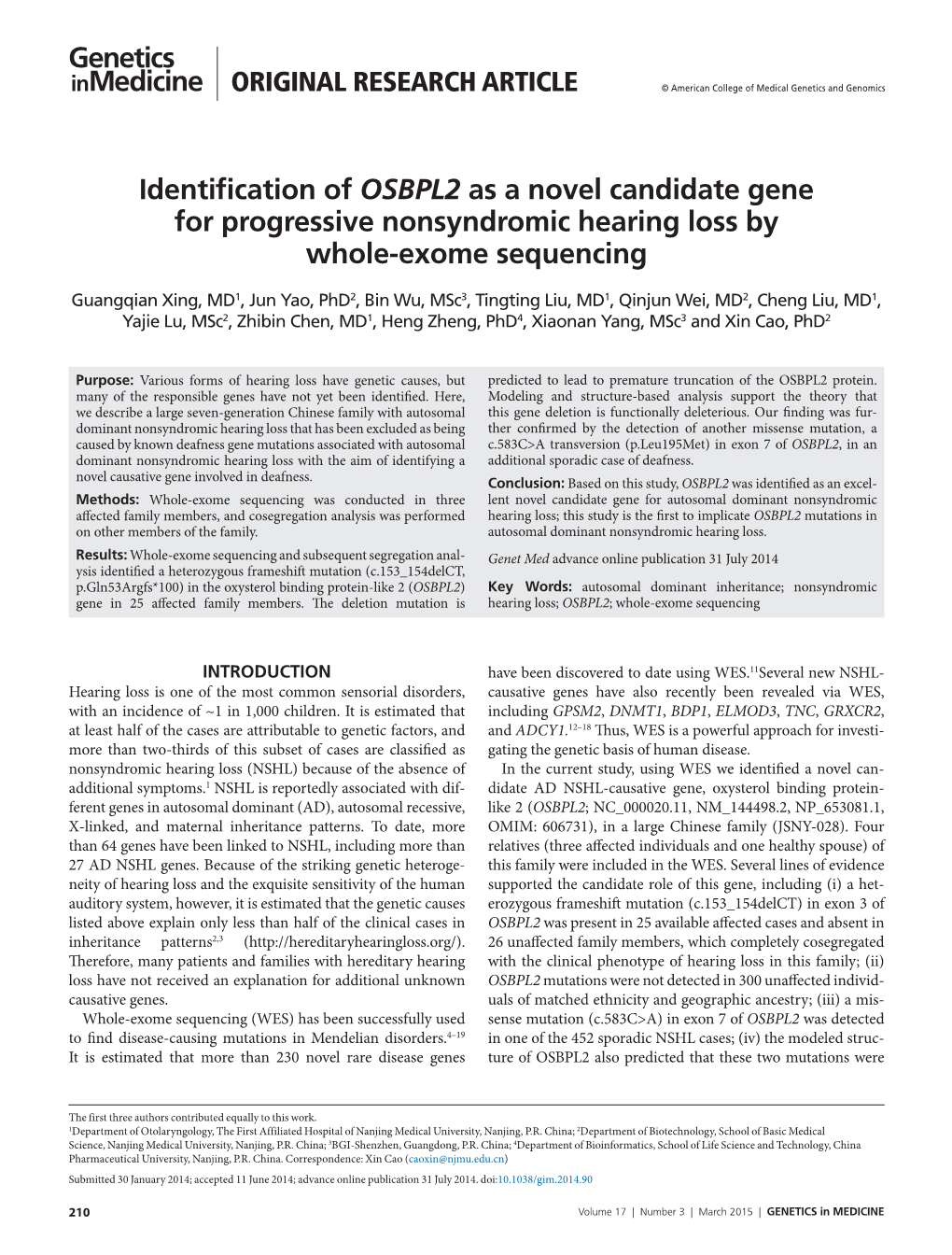 Identification of OSBPL2 As a Novel Candidate Gene for Progressive Nonsyndromic Hearing Loss by Whole-Exome Sequencing