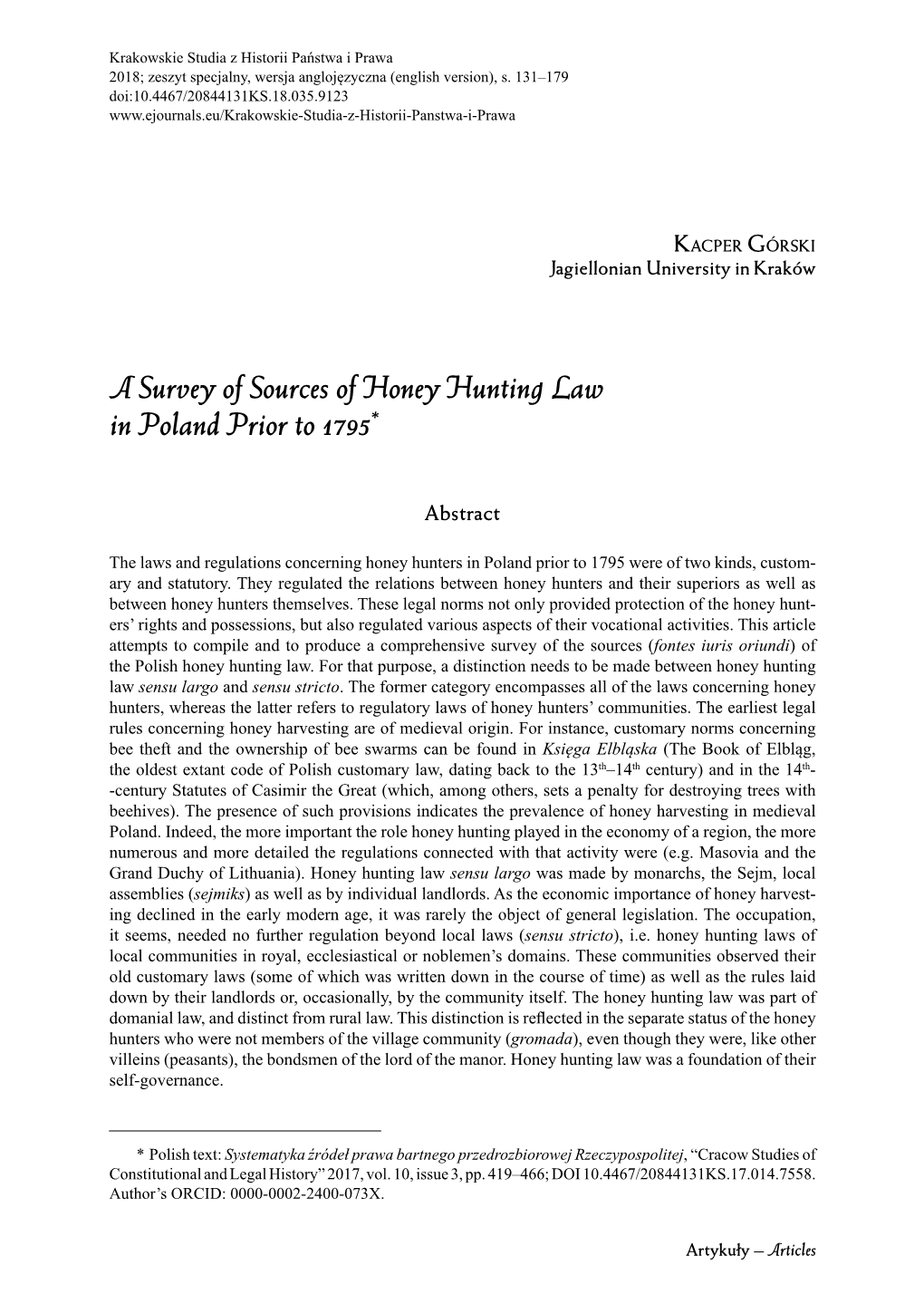 A Survey of Sources of Honey Hunting Law in Poland Prior to 1795*