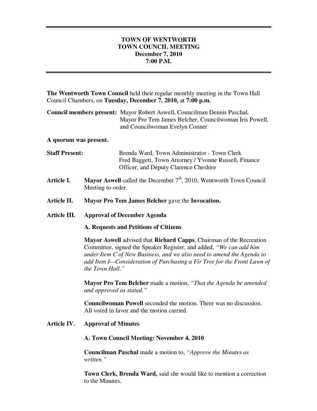 TOWN of WENTWORTH TOWN COUNCIL MEETING December 7, 2010 7:00 P.M