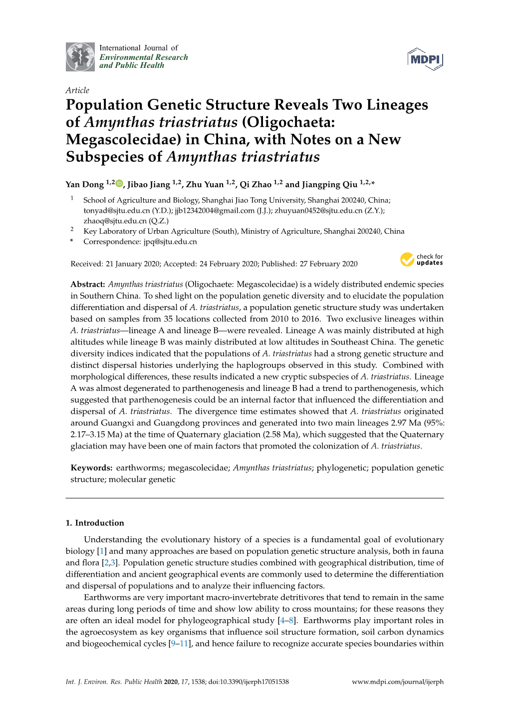 Population Genetic Structure Reveals Two Lineages of Amynthas