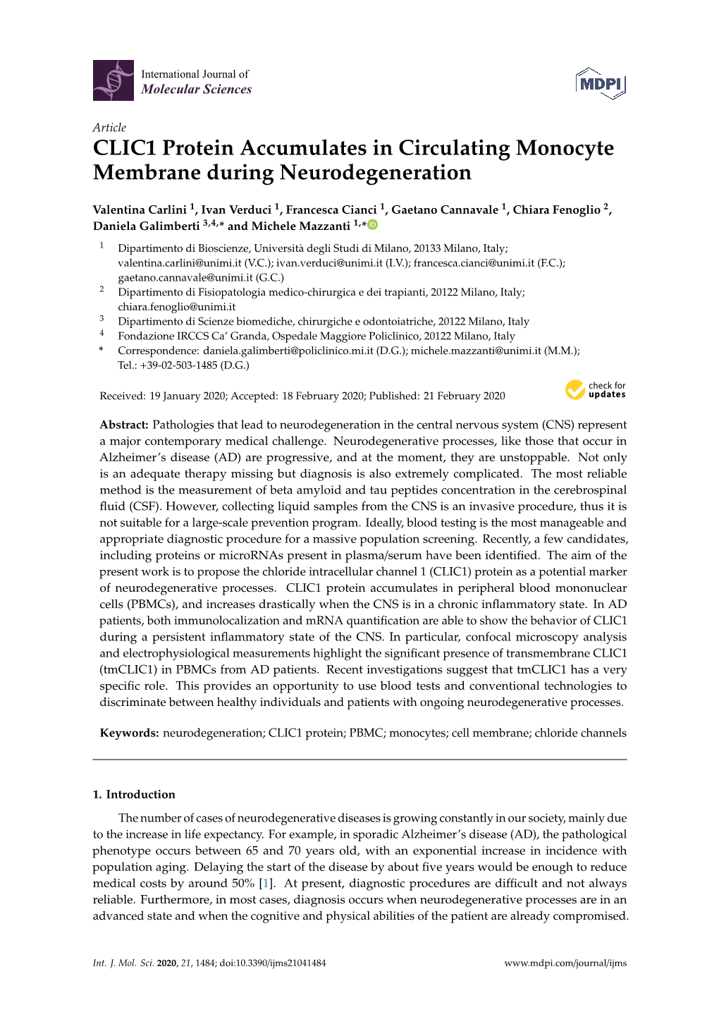 CLIC1 Protein Accumulates in Circulating Monocyte Membrane During Neurodegeneration