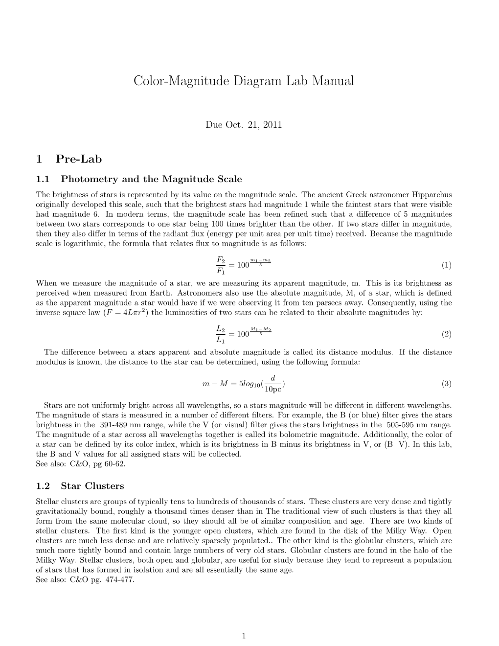 Color-Magnitude Diagram Lab Manual