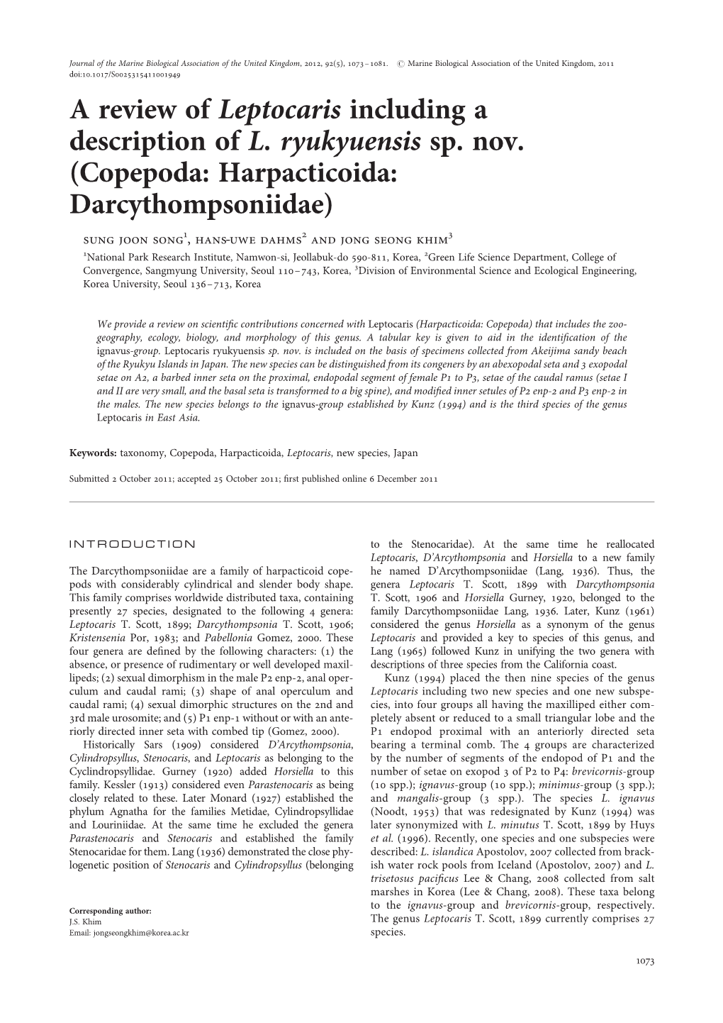 Copepoda: Harpacticoida: Darcythompsoniidae