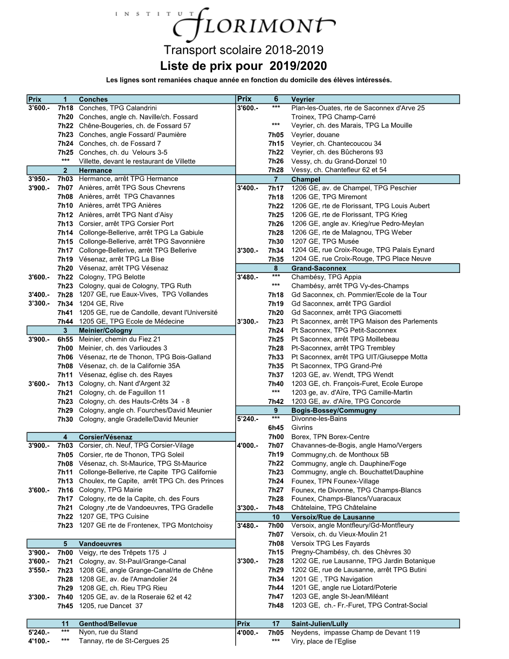 Liste De Prix Pour 2019/2020 Transport Scolaire 2018-2019