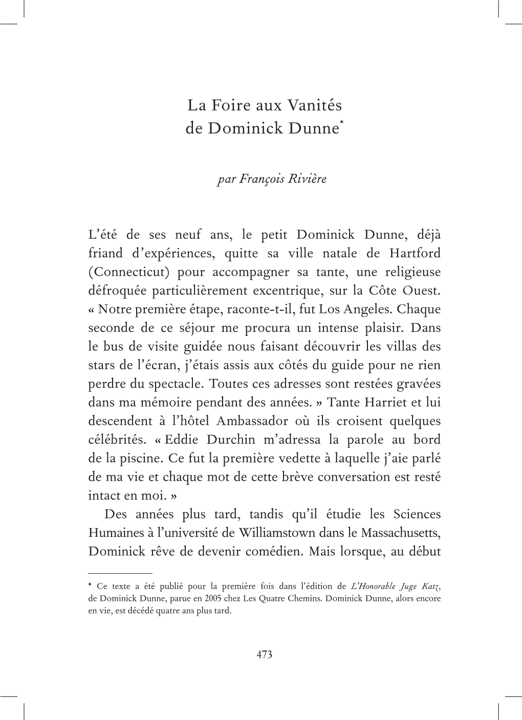 La Foire Aux Vanités De Dominick Dunne*