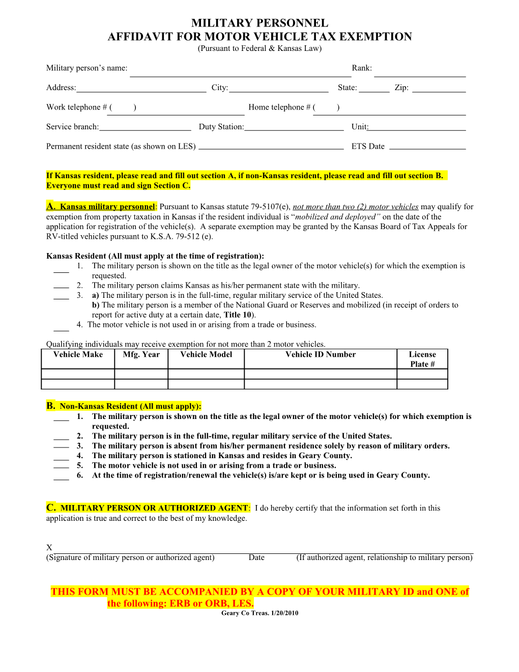 Affidavit for Motor Vehicle Tax Exemption