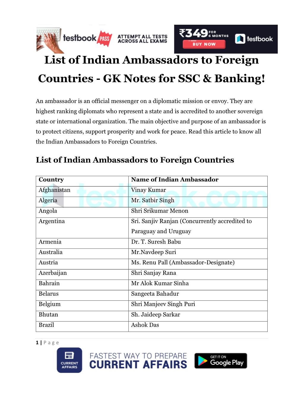 List of Indian Ambassadors to Foreign Countries - GK Notes for SSC & Banking!