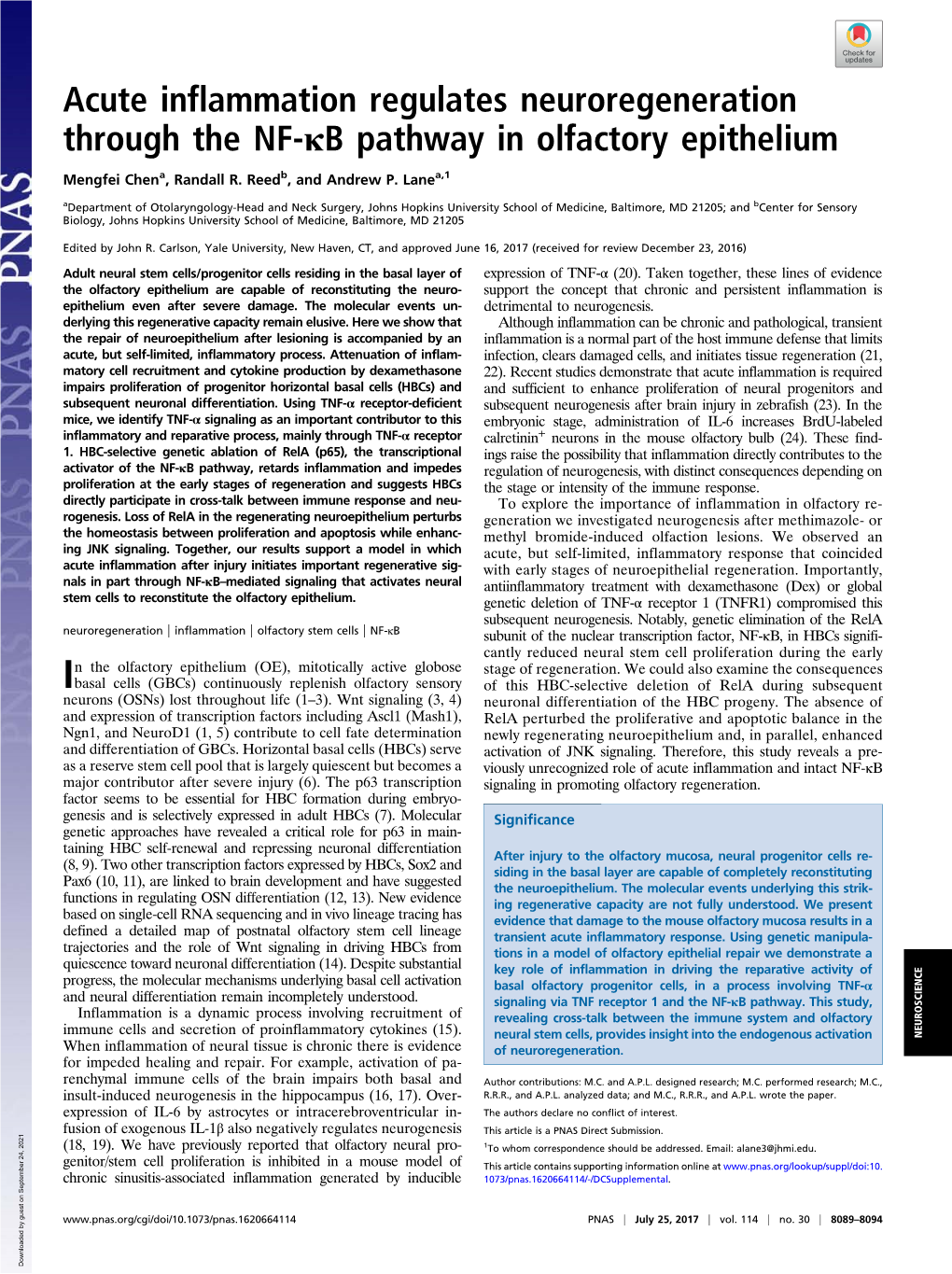 Acute Inflammation Regulates Neuroregeneration Through the NF-Κb Pathway in Olfactory Epithelium