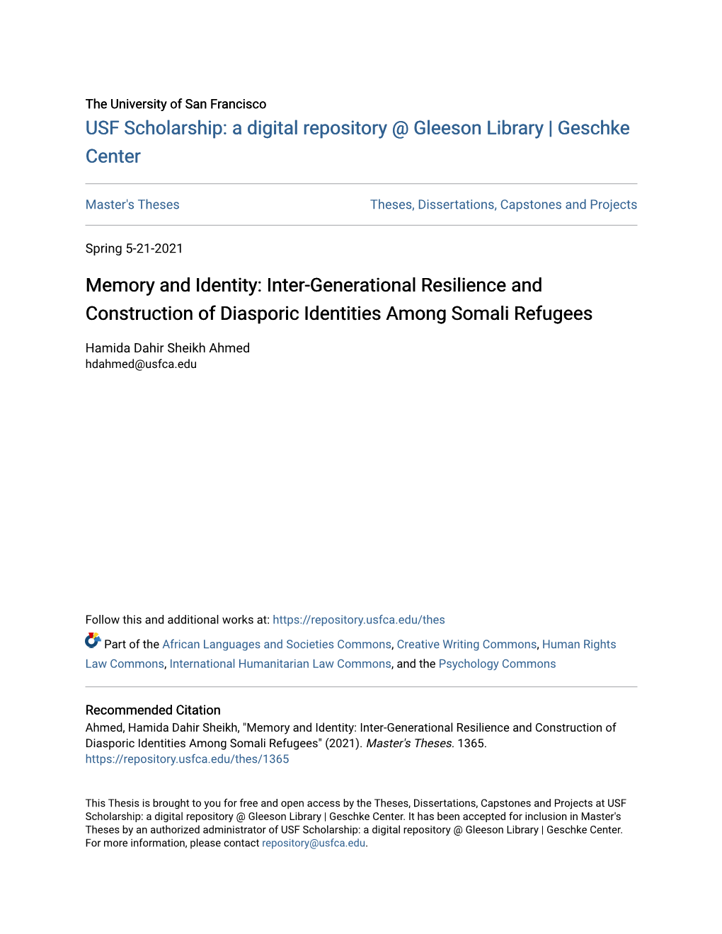 Inter-Generational Resilience and Construction of Diasporic Identities Among Somali Refugees