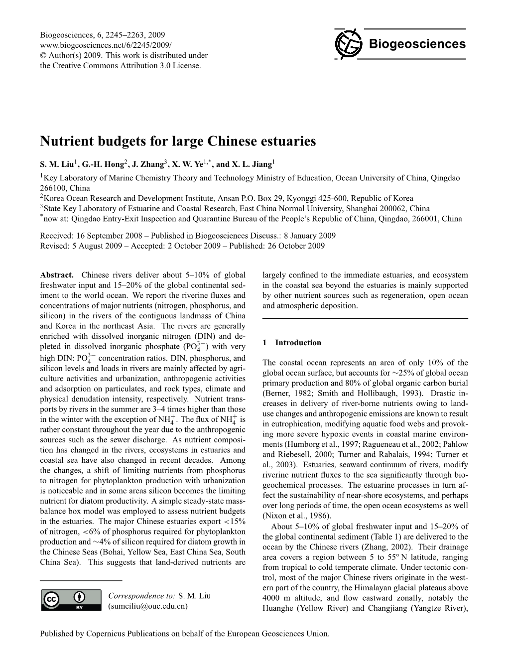 Nutrient Budgets for Large Chinese Estuaries