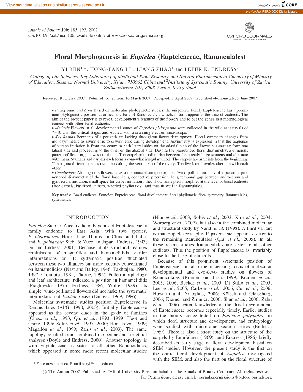 Floral Morphogenesis in Euptelea (Eupteleaceae, Ranunculales)