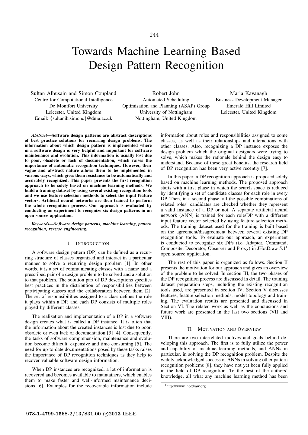 Towards Machine Learning Based Design Pattern Recognition