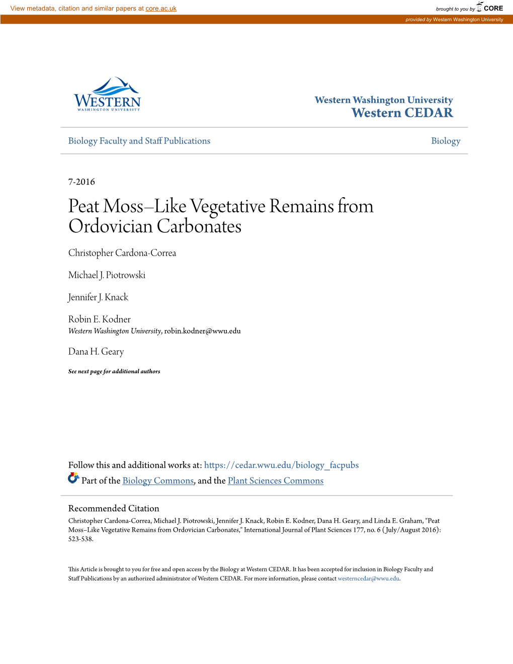 Peat Moss–Like Vegetative Remains from Ordovician Carbonates Christopher Cardona-Correa