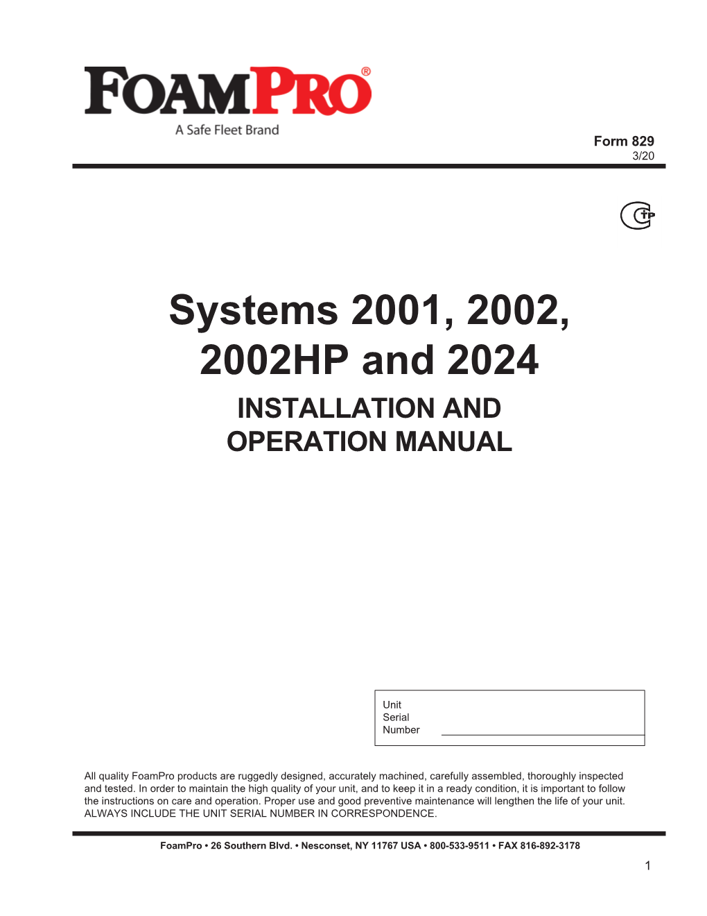 Systems 2001, 2002, 2002HP and 2024 INSTALLATION and OPERATION MANUAL