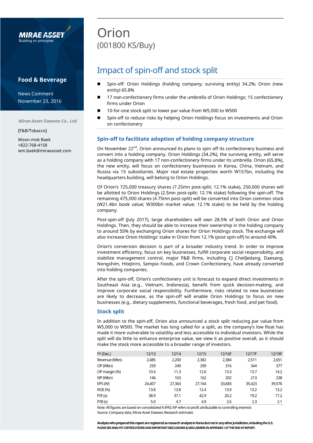 Impact of Spin-Off and Stock Split