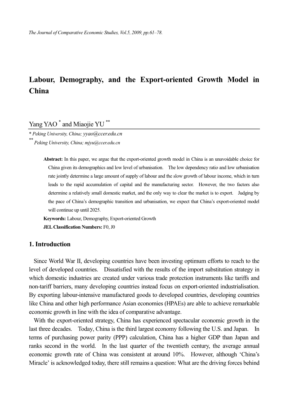 Labour, Demography, and the Export-Oriented Growth Model in China