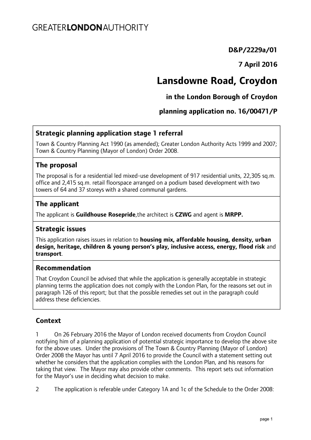 Lansdowne Road, Croydon in the London Borough of Croydon Planning Application No