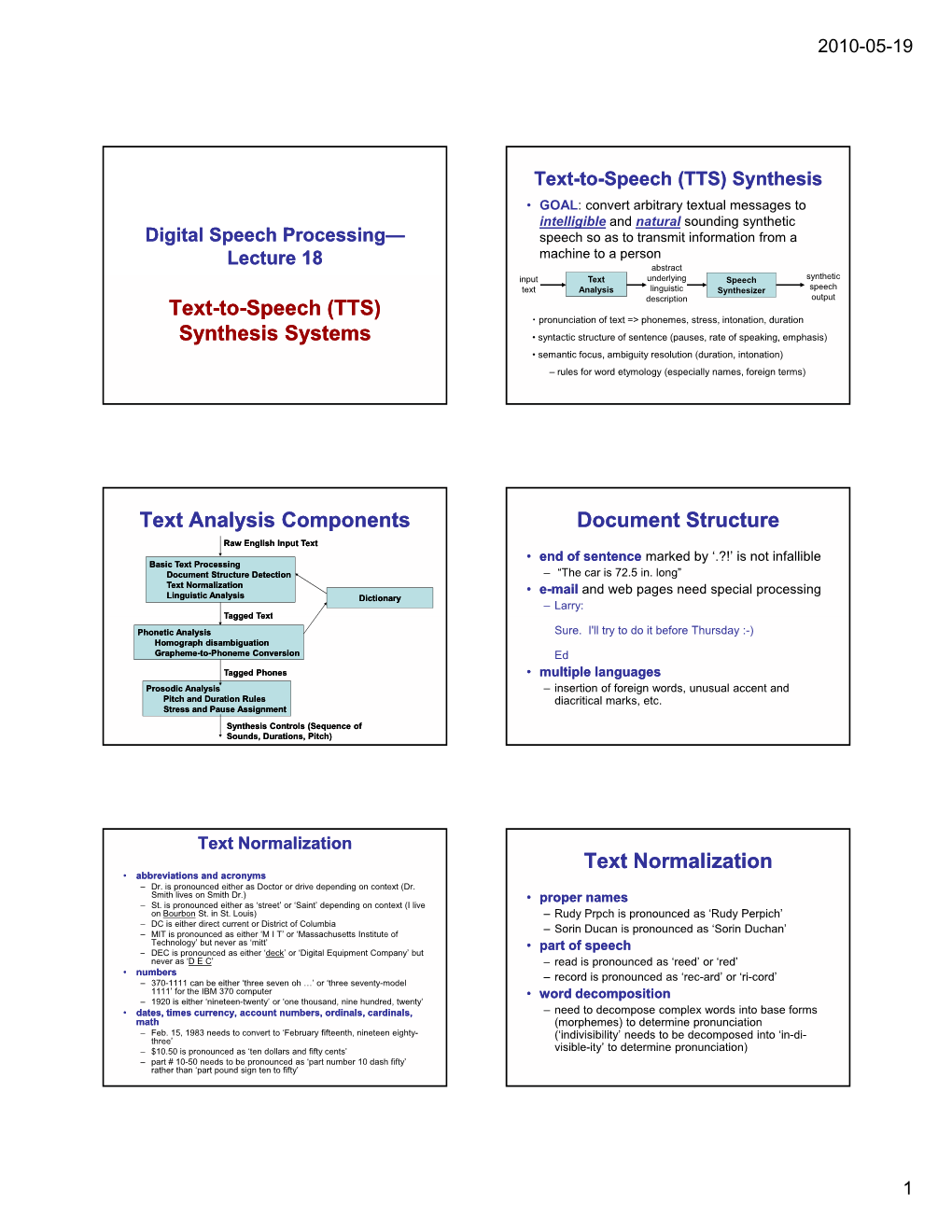 Text-To-Speech (TTS) Speech (TTS) Synthesis Systems Text Analysis